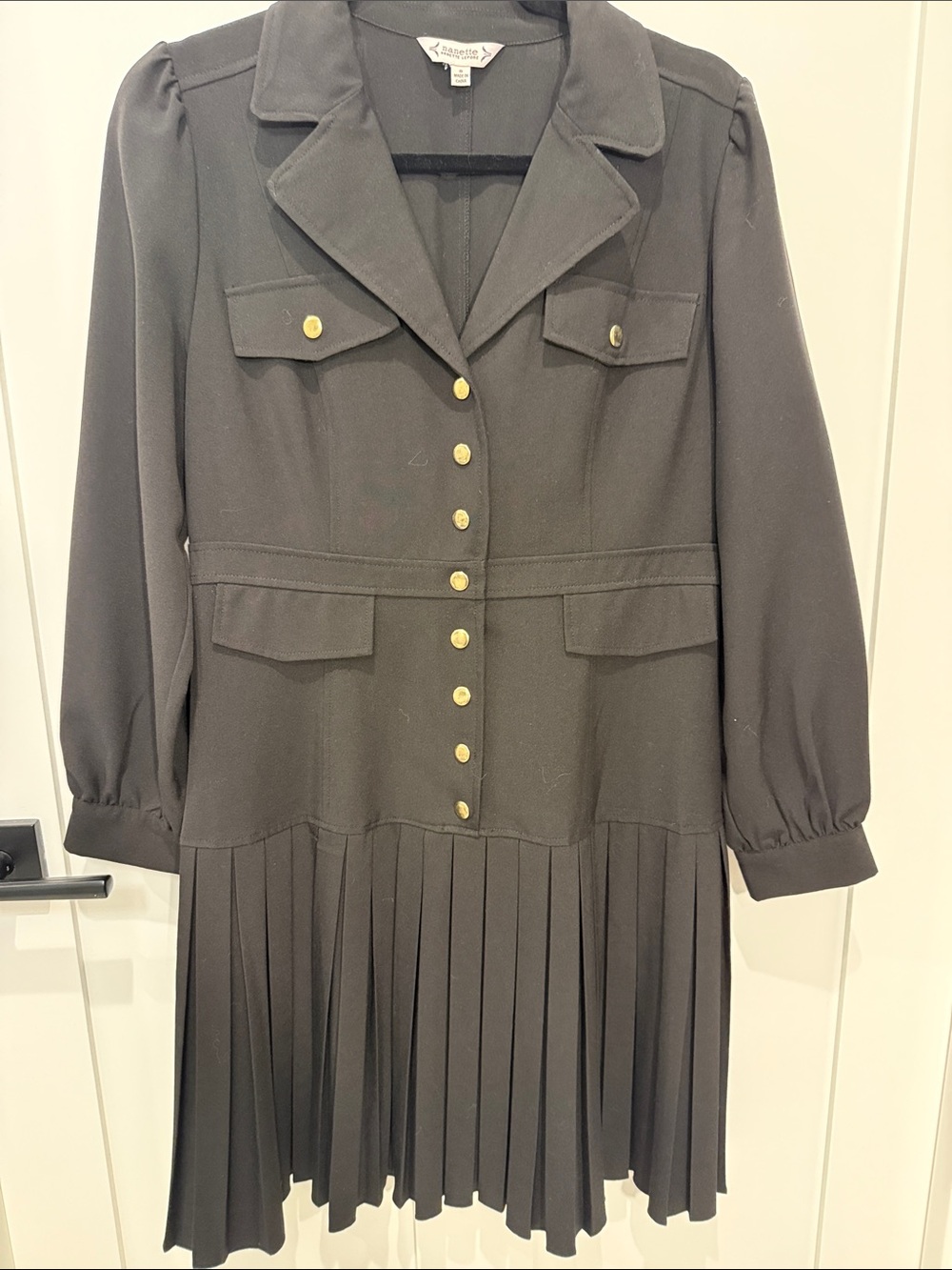 Nannette Black Pleated Long-Sleeve Shirt Dress with Gold Buttons